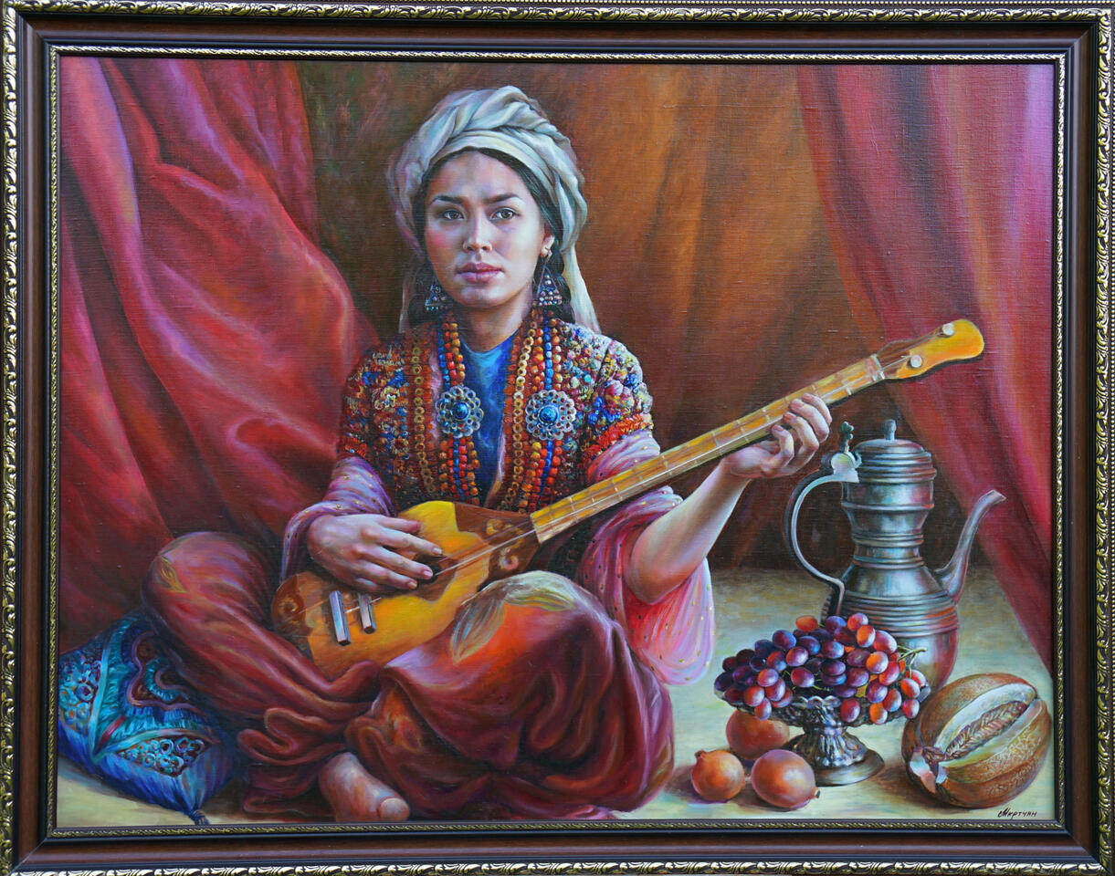 Kasachisches Mädchen mit Dombra Öl auf Leinwand, 100 cm x 130 cm (2018)